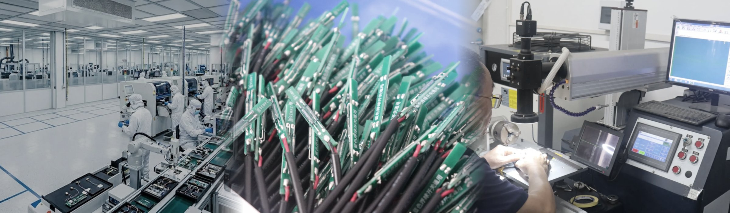 SEGMENsensor sensor factory collage showing assembly, calibration and testing lines in Shenzhen