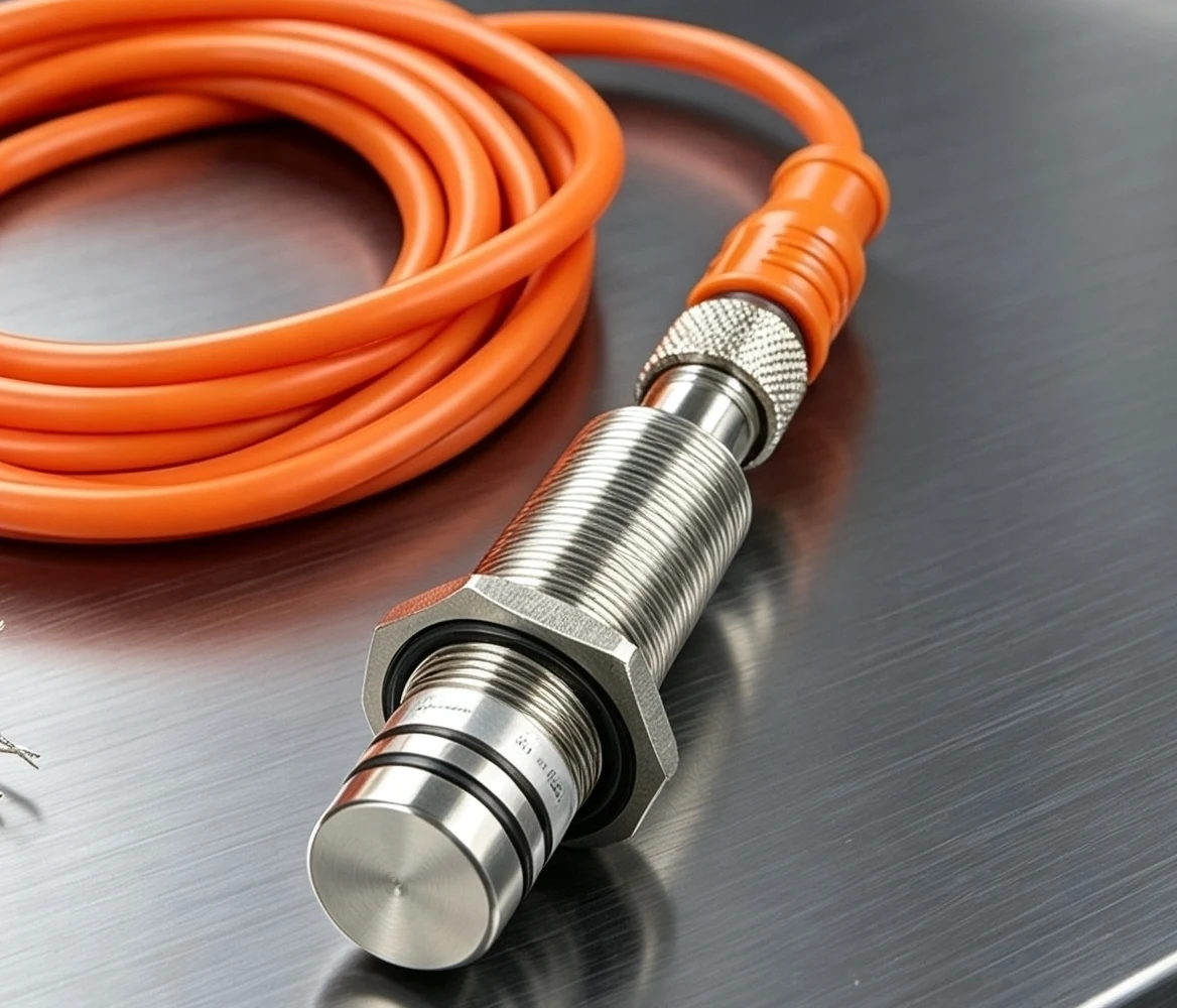 SEGMENsensor M18 high-pressure inductive proximity sensor with two O-rings on the sensing head and orange oil-resistant PUR cable