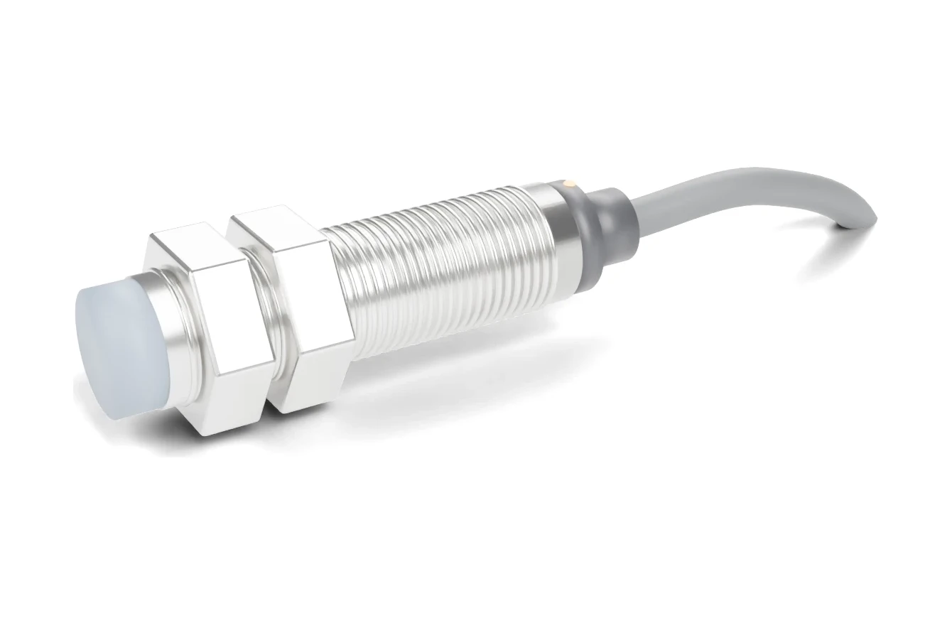 Rendering of a SEGMENsensor M18 non-flush inductive proximity sensor: threaded nickel-plated brass housing, two lock nuts, protruding sensing face and 2 m cable