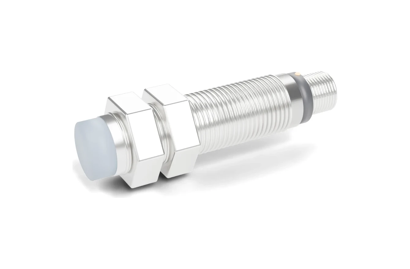 Rendering of a SEGMENsensor M18 non-flush inductive proximity sensor with M12 connector, nickel-plated brass housing and two lock nuts