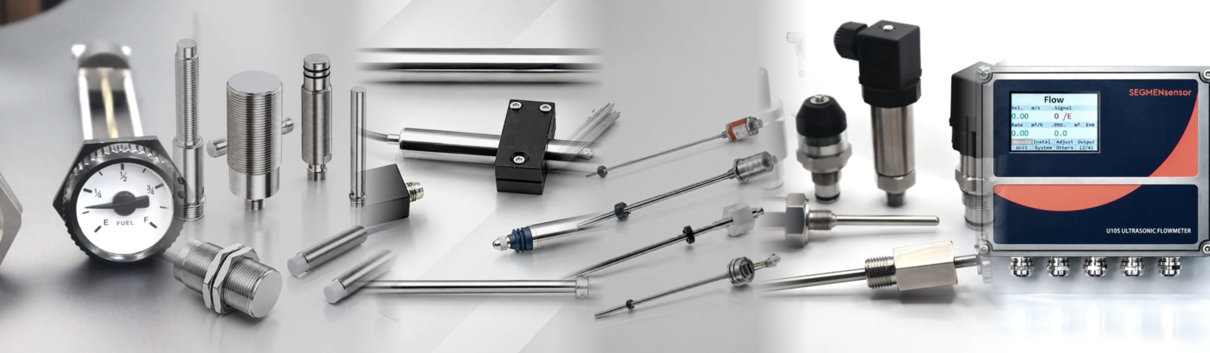 SEGMENsensor U series clamp-on ultrasonic flow meter family with wall-mount transmitters, portable unit and clamp-on transducers